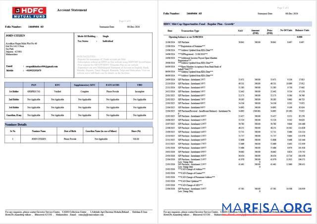 Printable India HDFC bank account statement word 2 pages, version 2 sample